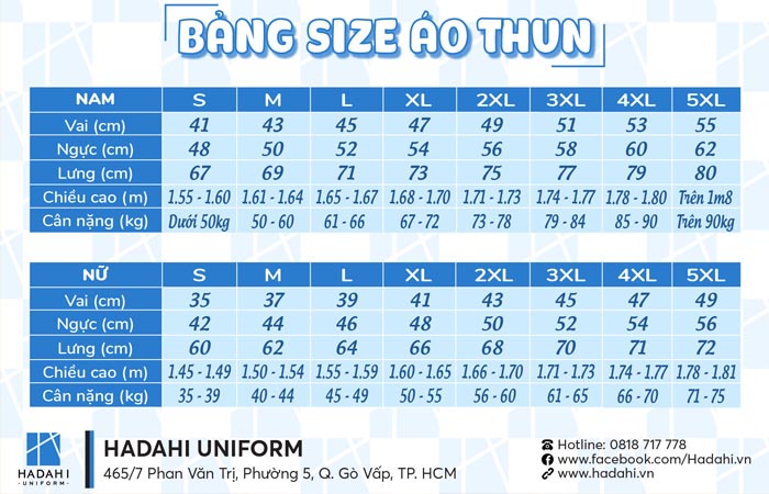 Bảng size dành cho áo thun unisex tại hadahi uniform